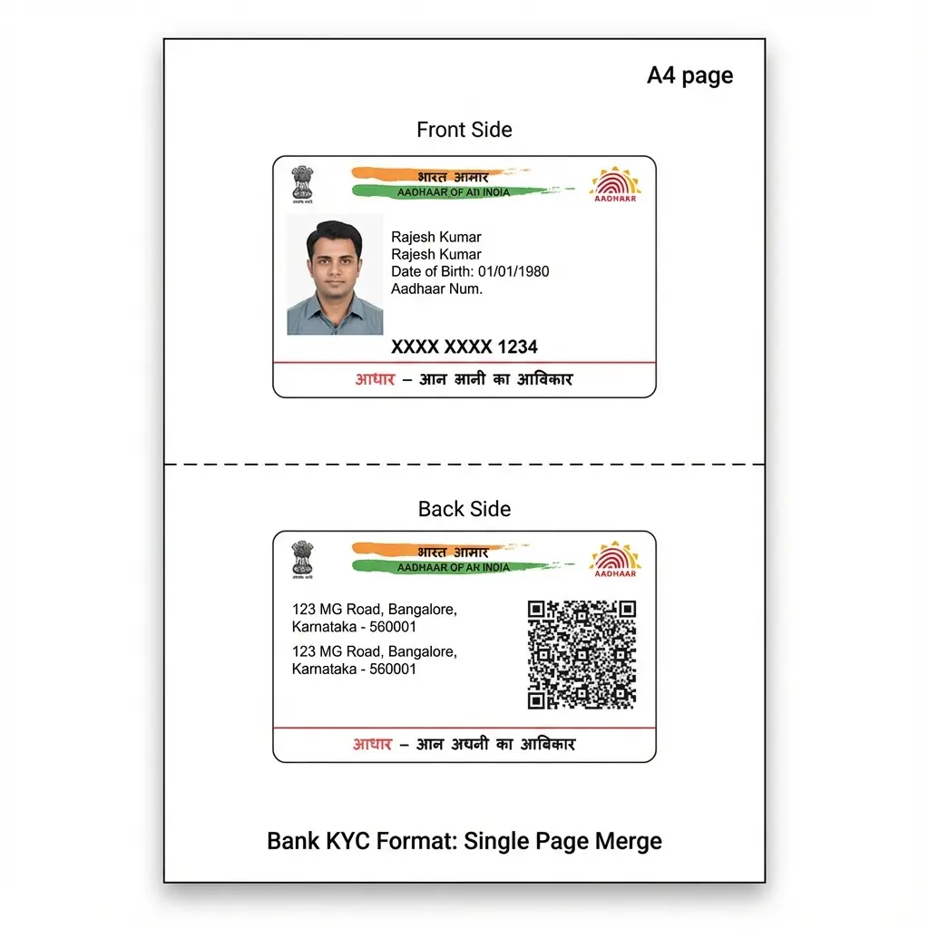 Aadhaar Card Front and Back Merged on Single Side of A4 Page Diagram