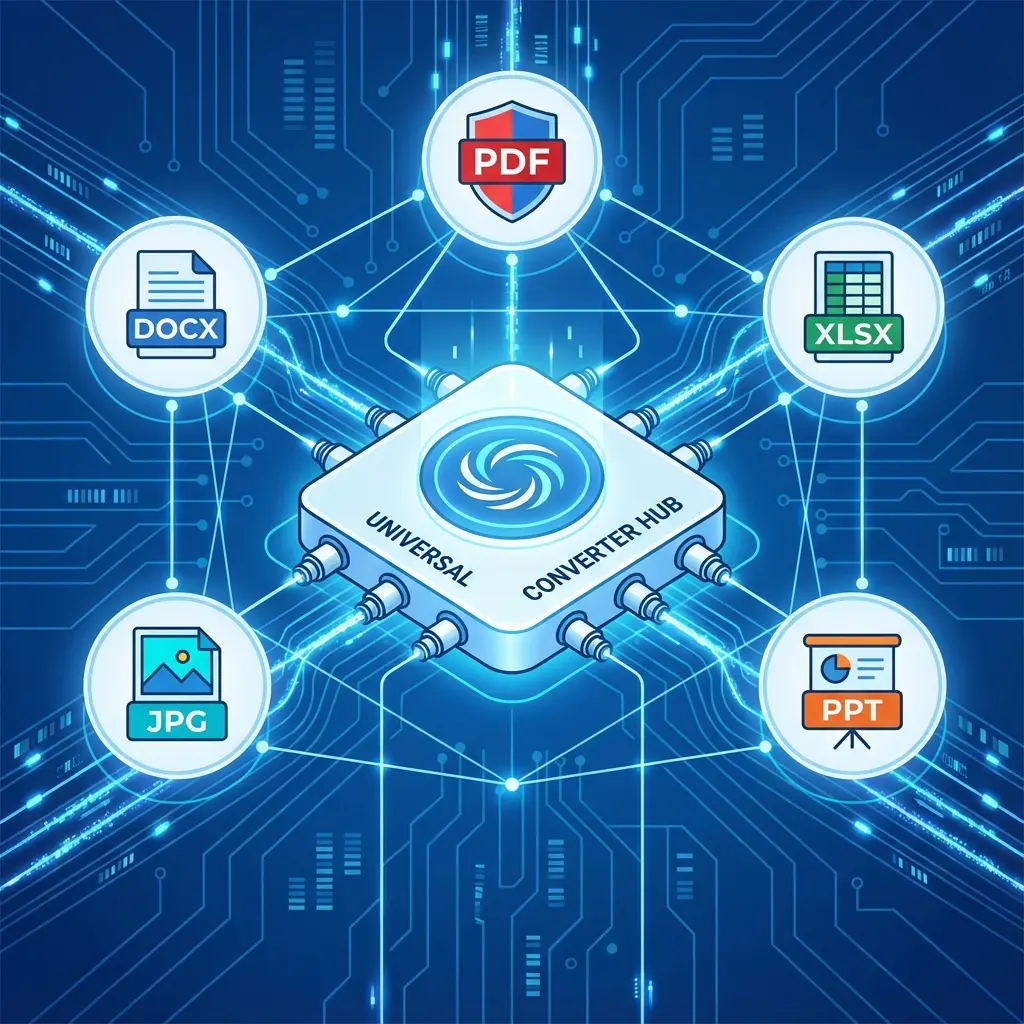 Universal file converter diagram showing Word PDF and Excel interoperability