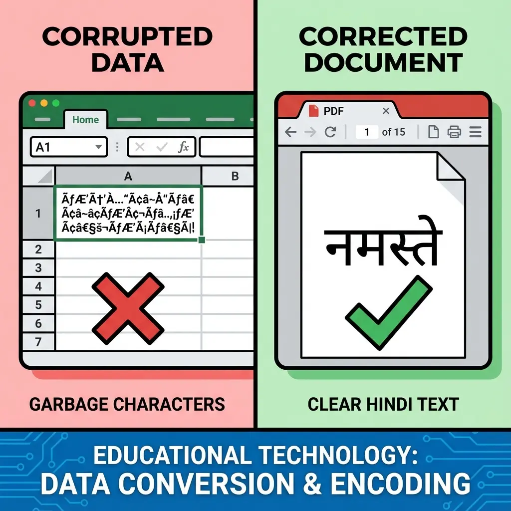 Comparison showing garbage text (Hkkjr) in Standard PDF vs Correct Hindi (भारत) in DocSet PDF
