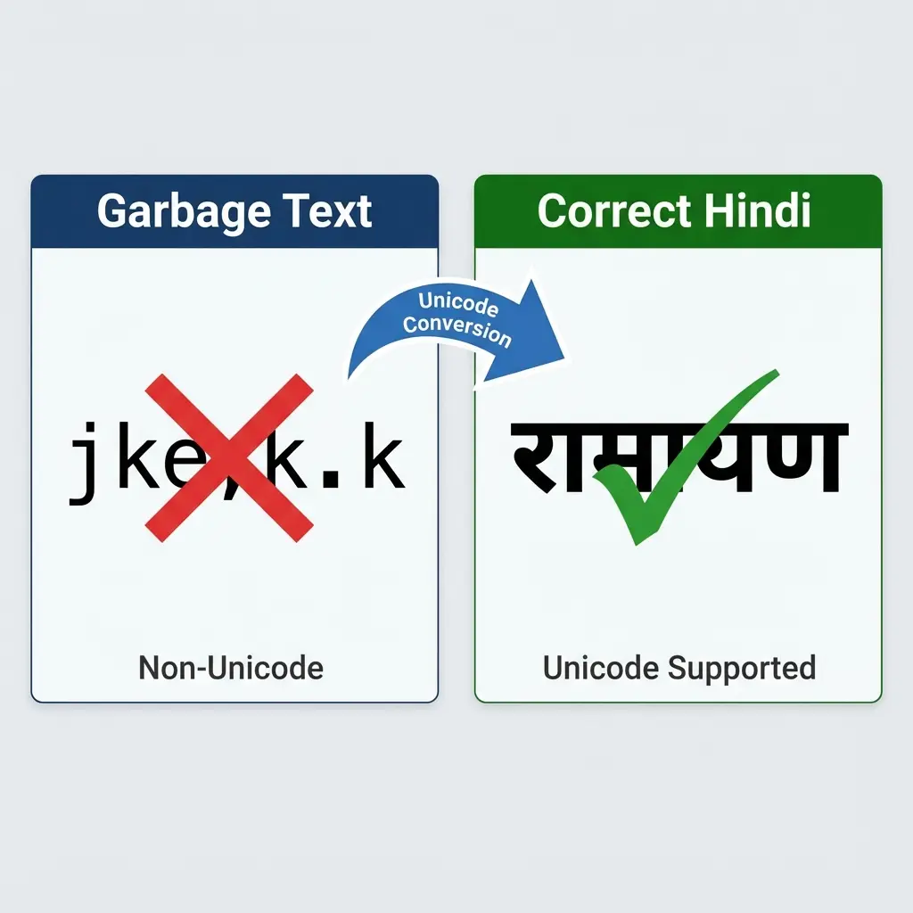 Comparison of Garbage Text (Devlys encoded) vs Correct Hindi Text (Unicode) explaining font mapping
