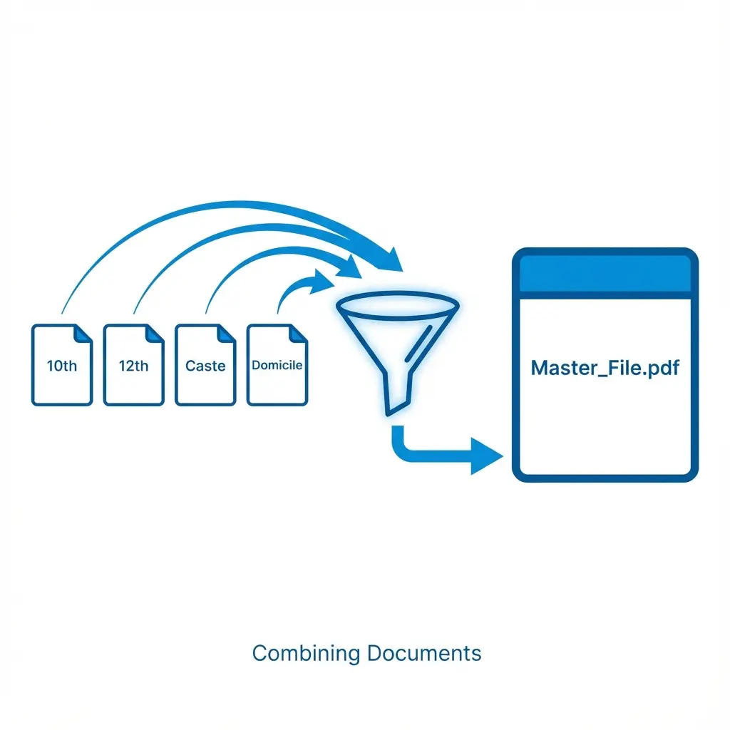 Document Merging Logic Flowchart showing 10th Marksheet, 12th Marksheet and Caste Certificate combining into single PDF