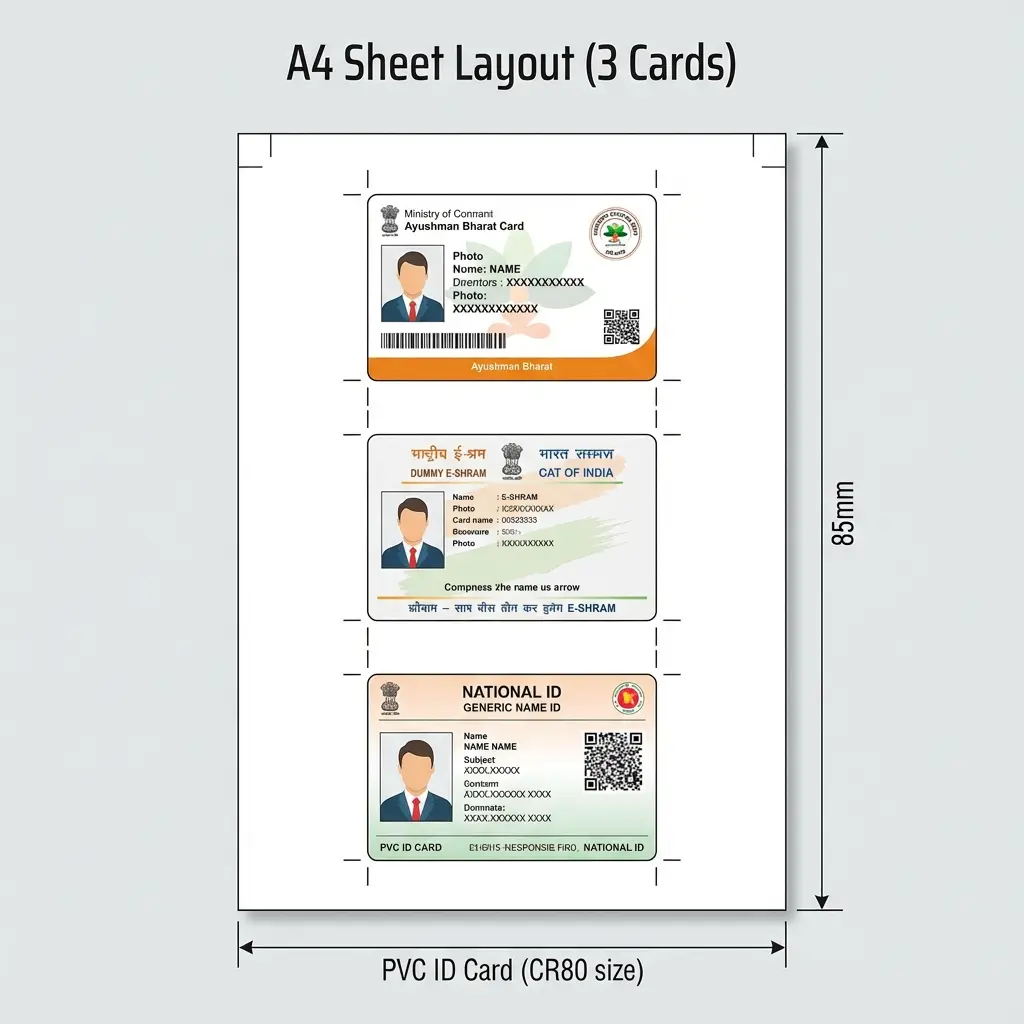 A4 Sheet Layout Diagram showing 5 PVC ID Cards aligned with crop marks for Thermal Lamination