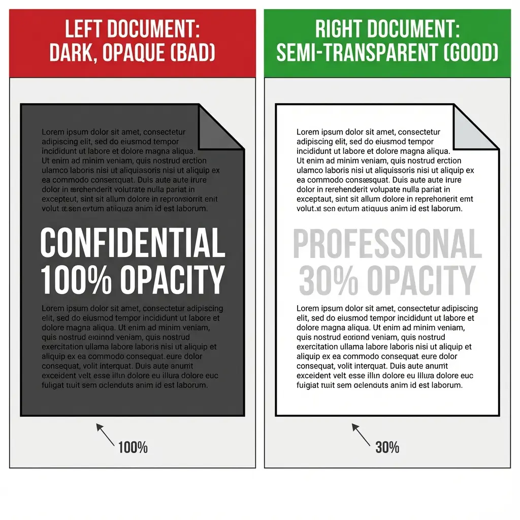 Comparison of 50% vs 100% Opacity Watermark on PDF showing text readability